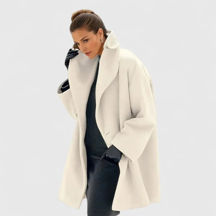 Women's button-front shawl collar wool coat with wide in White