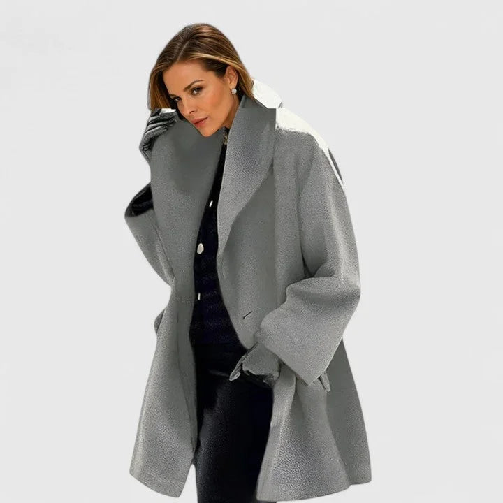 Women's button-front shawl collar wool coat with wide lapels — Grey