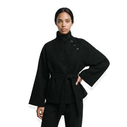 Sunoire Cape-Sleeve Belted Wool Coat colorway black front crop