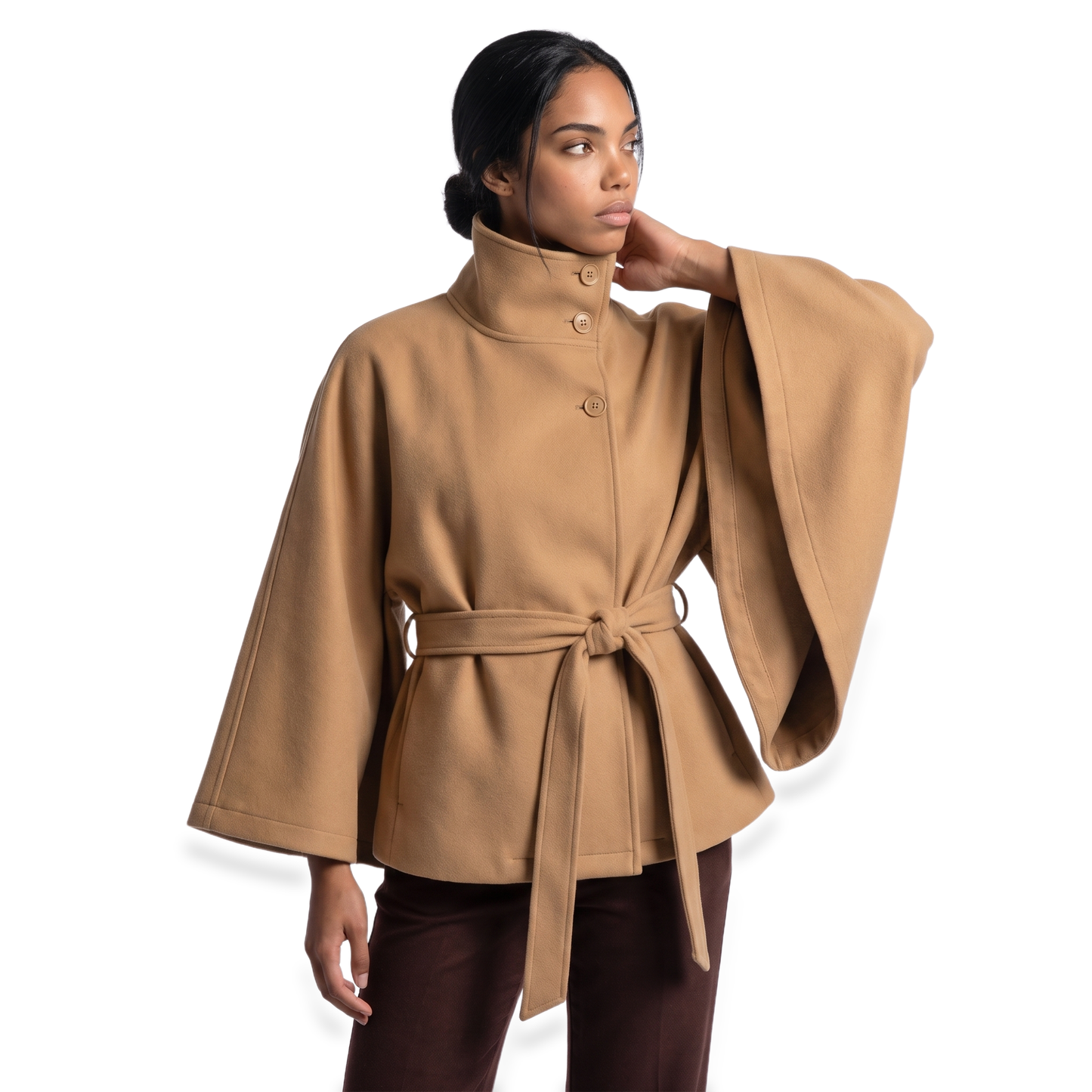 Sunoire Cape-Sleeve Belted Wool Coat colorway khaki front crop