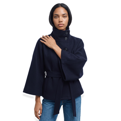 Sunoire Cape-Sleeve Belted Wool Coat colorway navy blue front crop