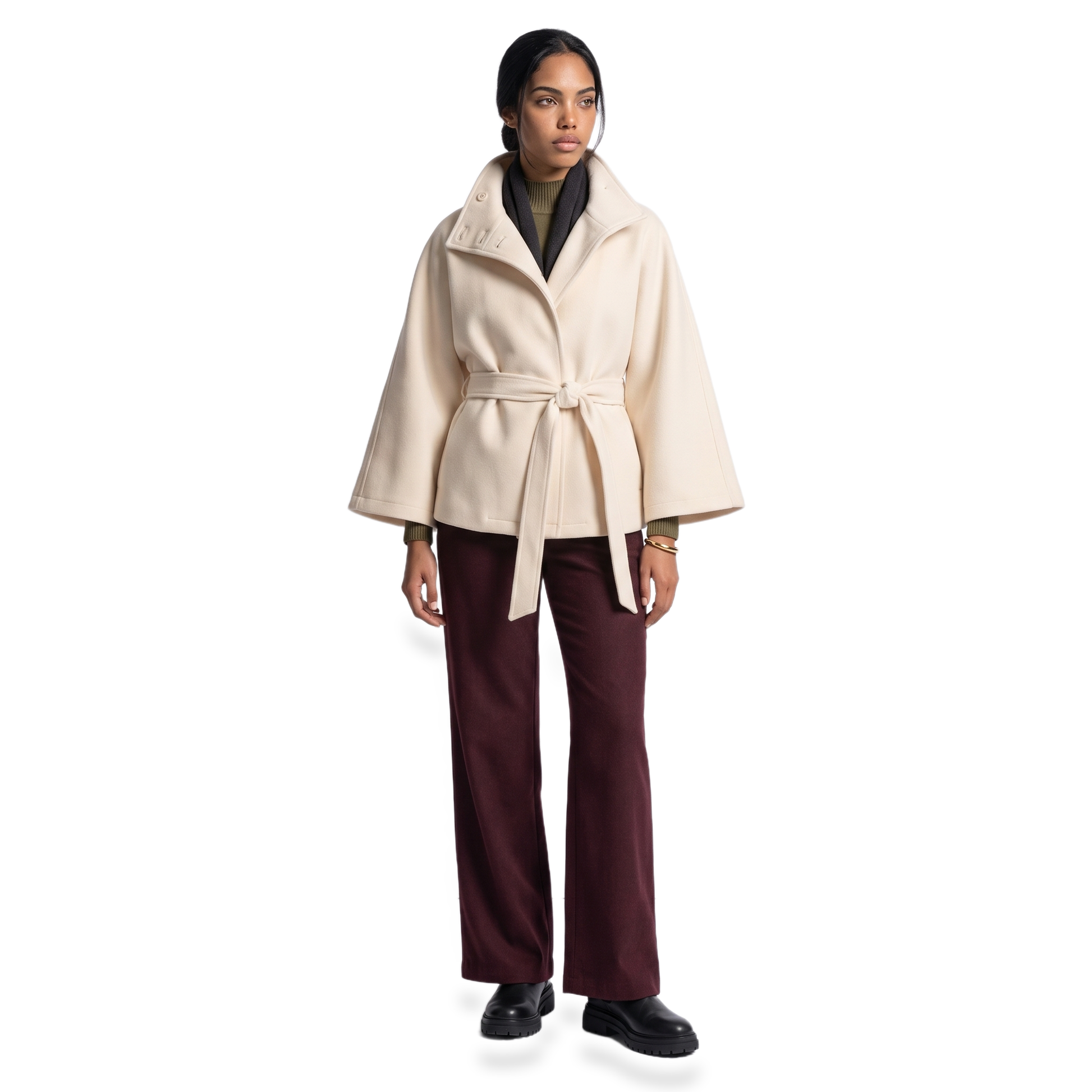 Sunoire Cape-Sleeve Belted Wool Coat front hero