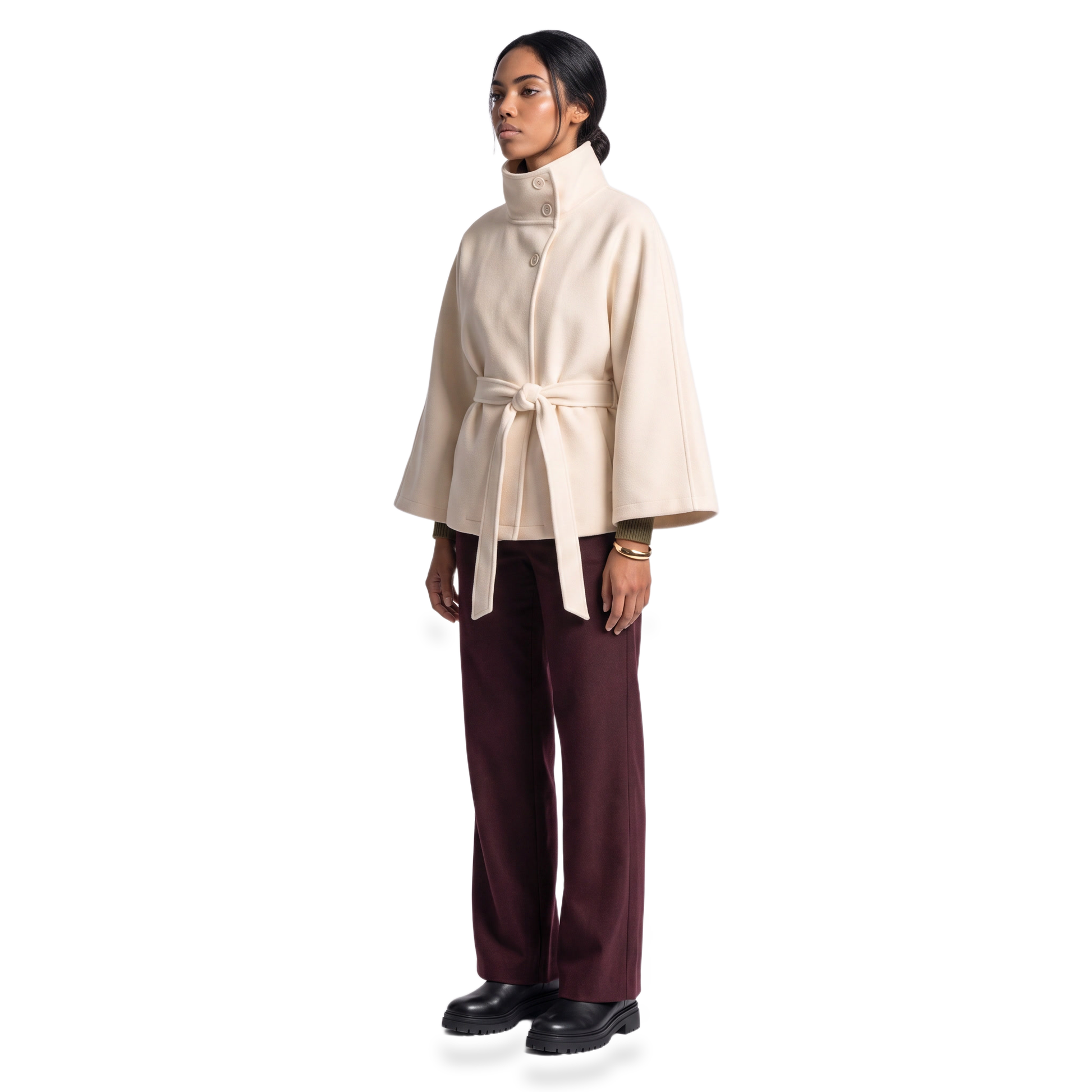Sunoire Cape-Sleeve Belted Wool Coat three quarter
