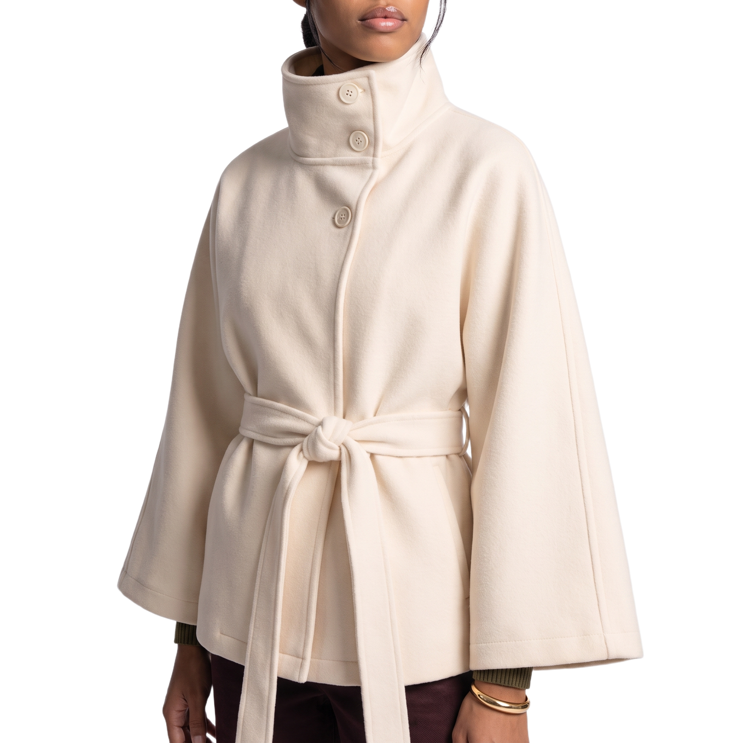 Sunoire Cape-Sleeve Belted Wool Coat torso crop