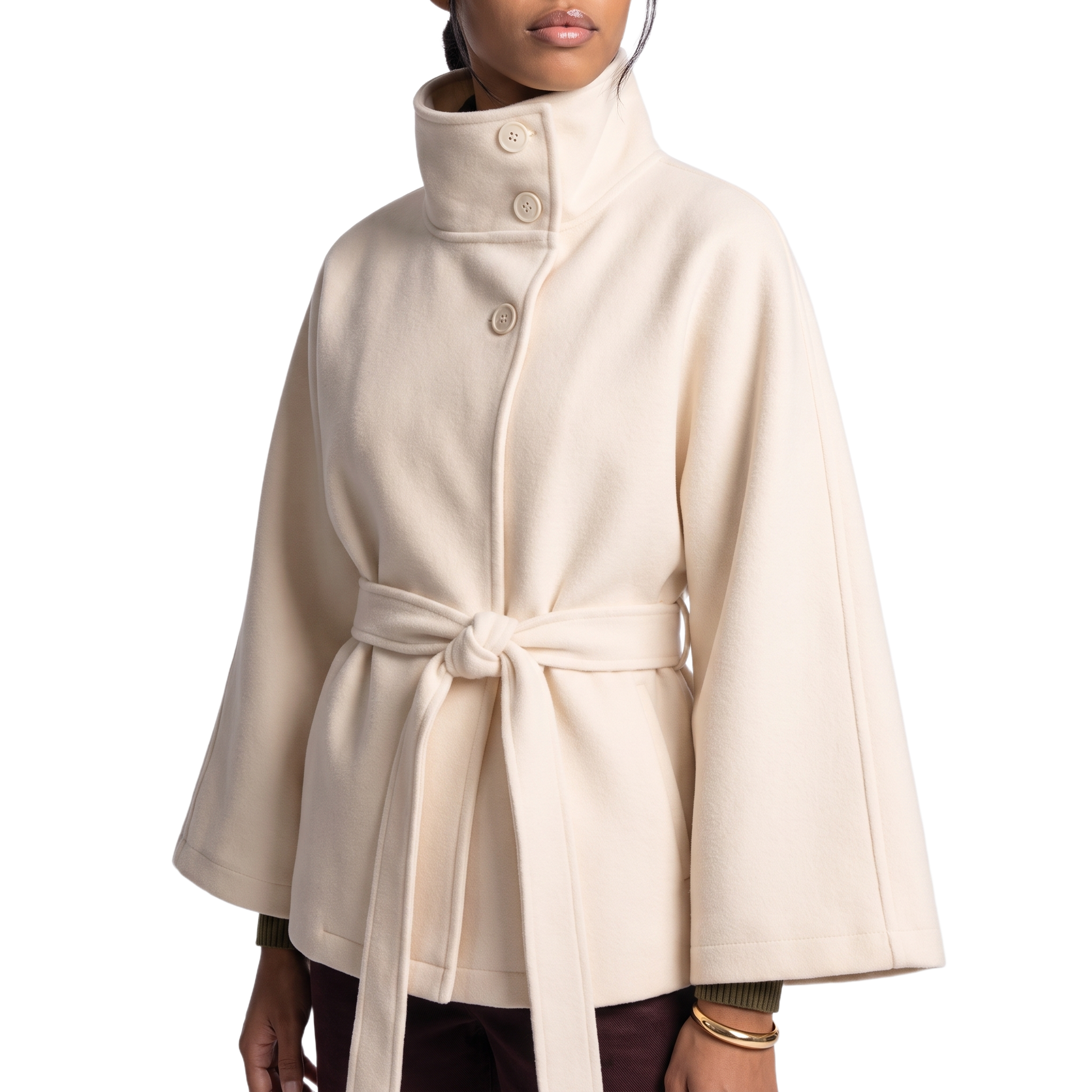 Sunoire Cape-Sleeve Belted Wool Coat torso crop
