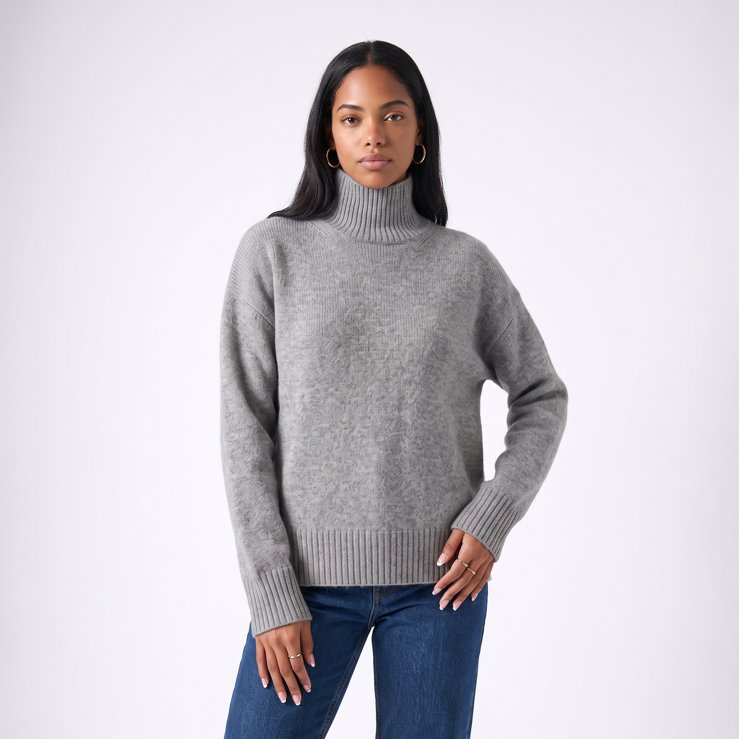 Sunoire womens cashmere turtleneck sweater colorway gray front crop 01