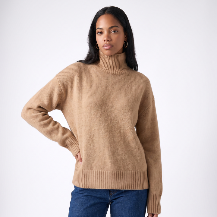 Sunoire womens cashmere turtleneck sweater colorway khaki front crop 01