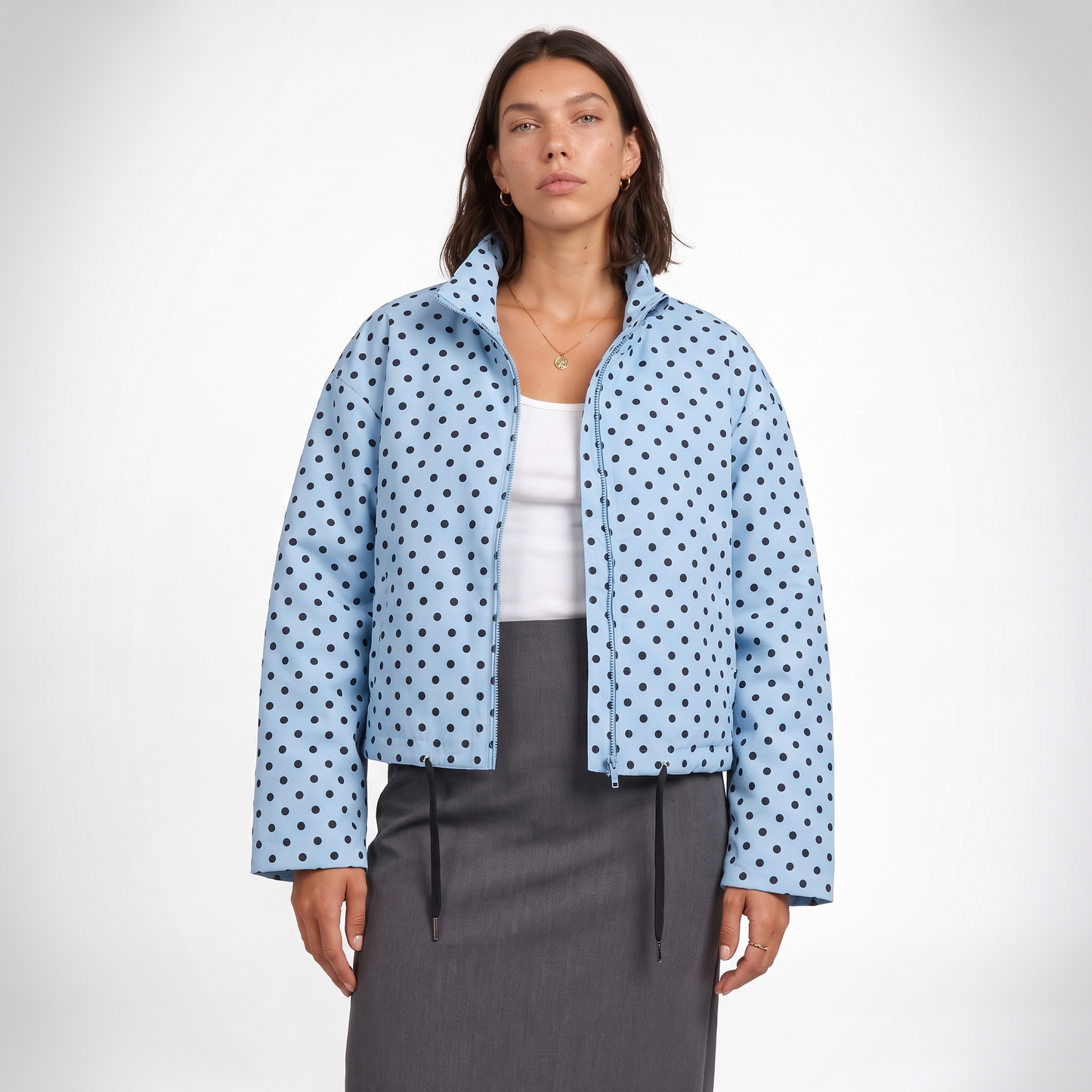 Sunoire womens casual polka dot bomber jacket colorway light blue front crop 01
