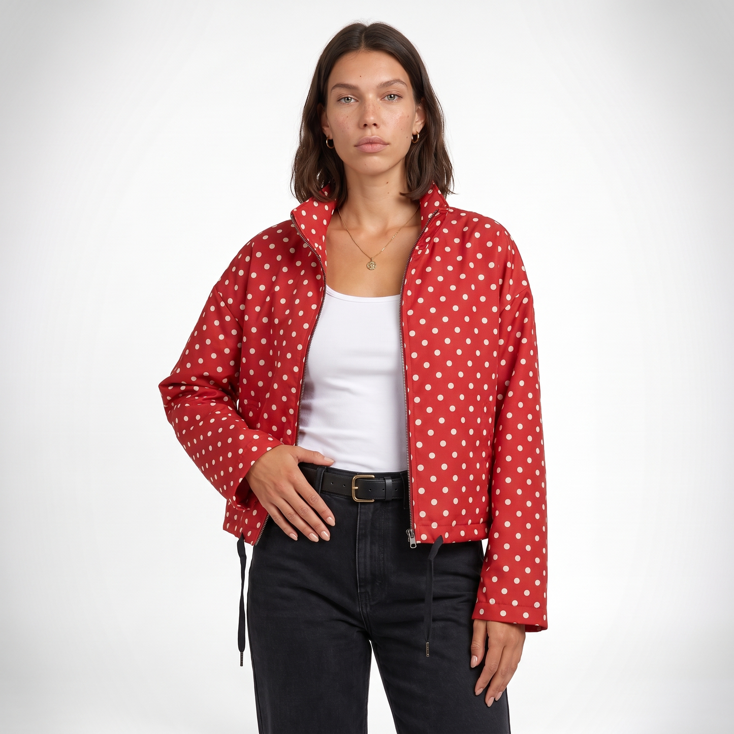 Sunoire womens casual polka dot bomber jacket colorway red front crop 01