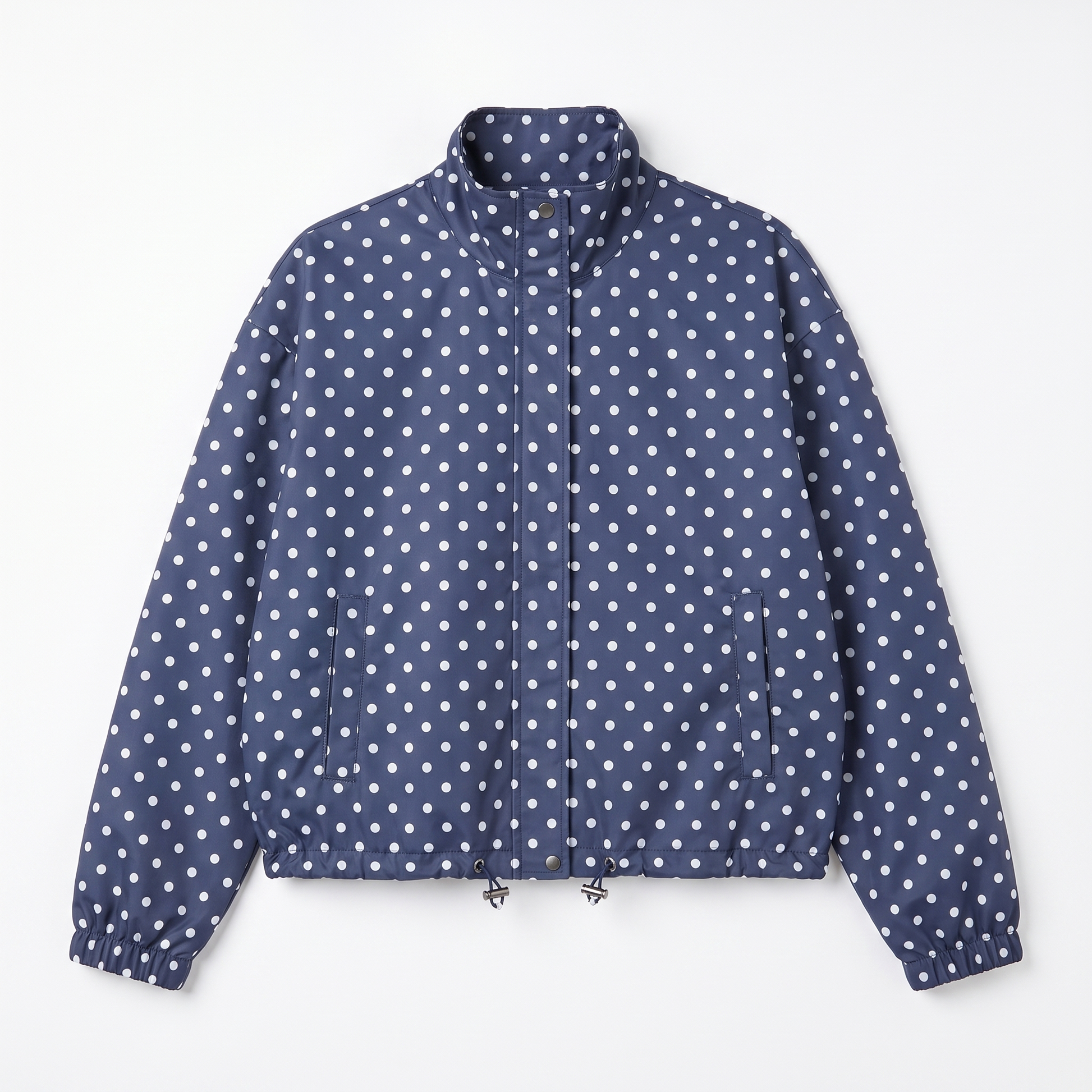 Sunoire womens casual polka dot bomber jacket garment flatlay 01