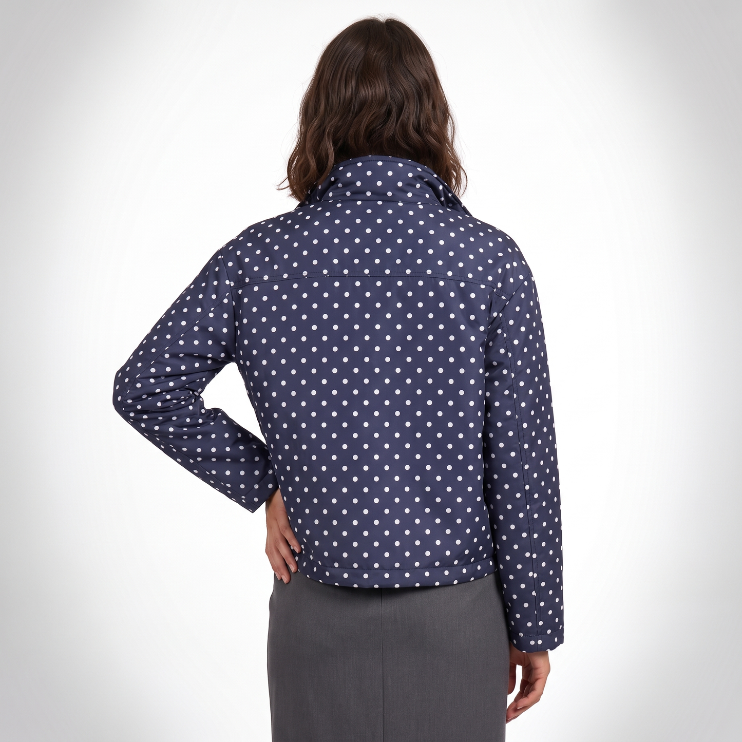 Sunoire womens casual polka dot bomber jacket top back crop 01