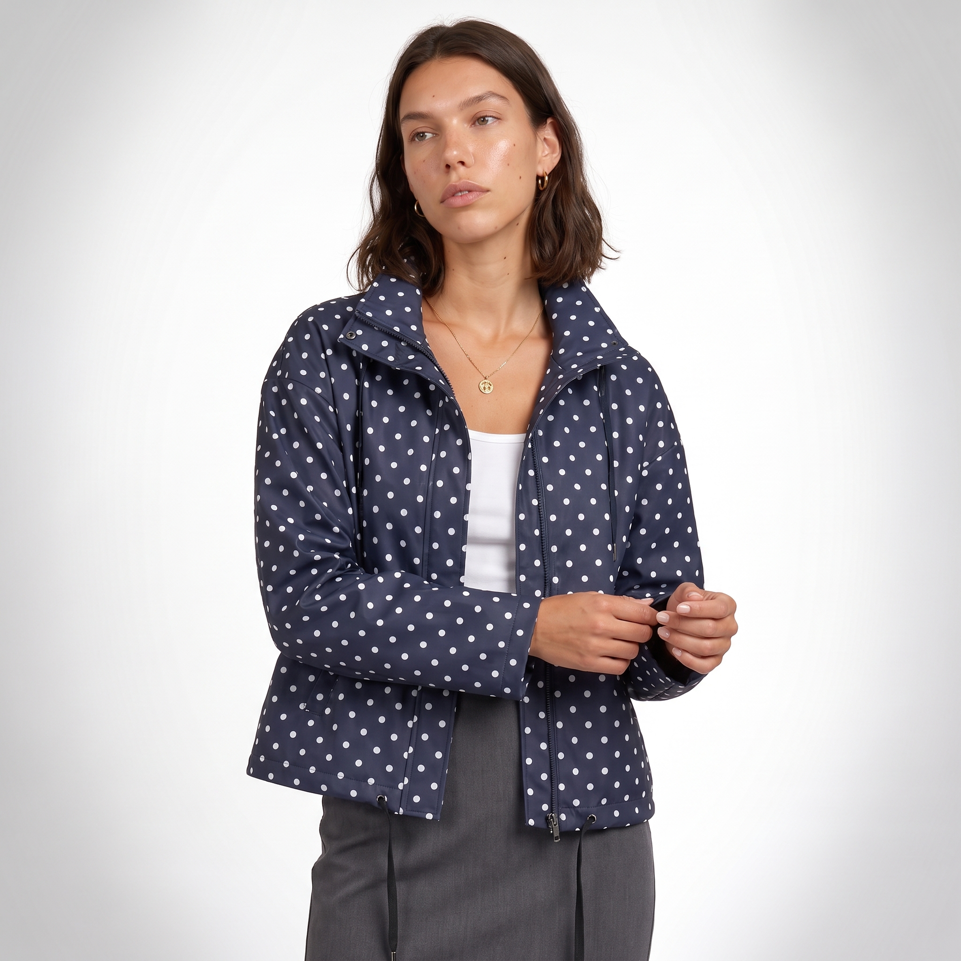 Sunoire womens casual polka dot bomber jacket top front crop 01
