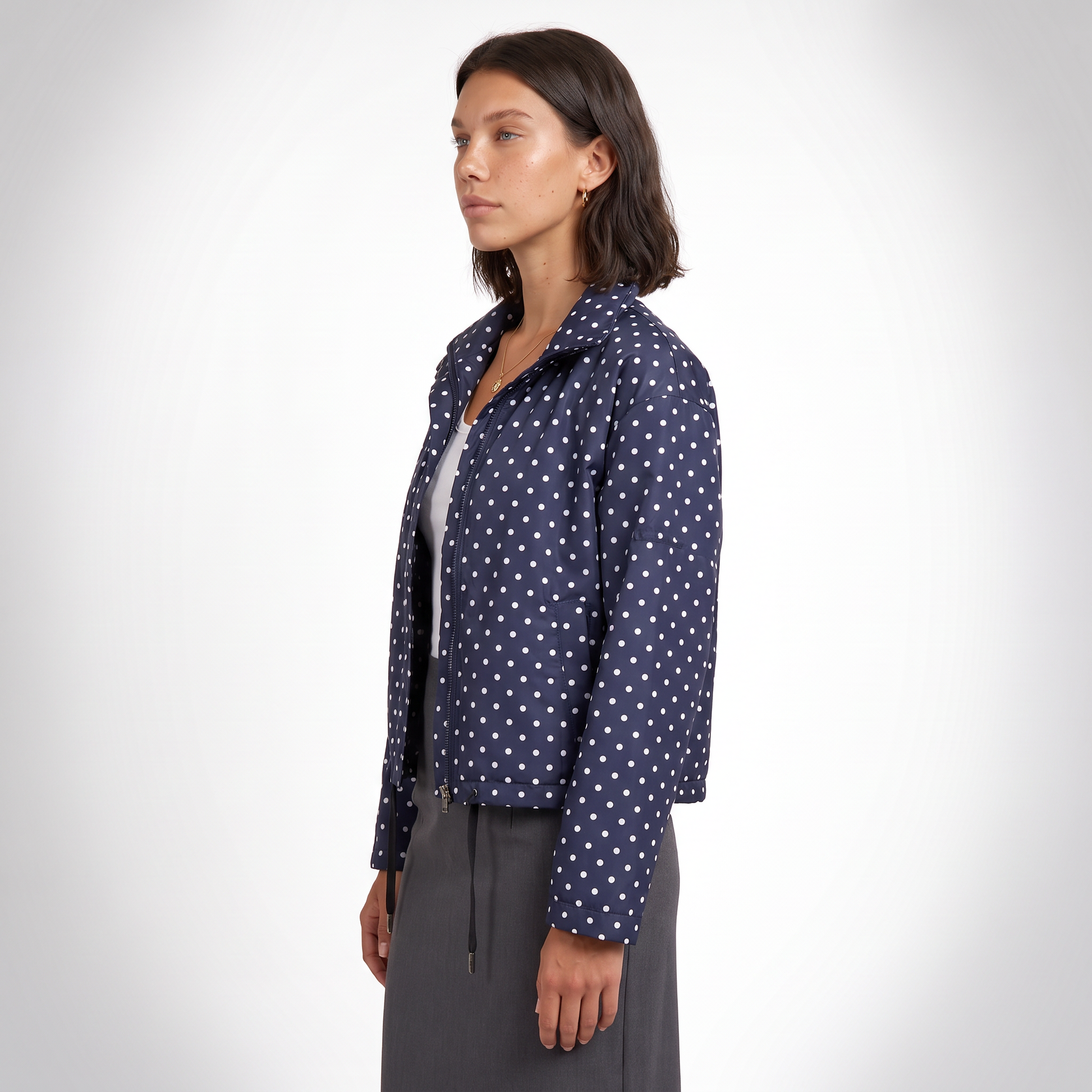 Sunoire womens casual polka dot bomber jacket top side crop 01