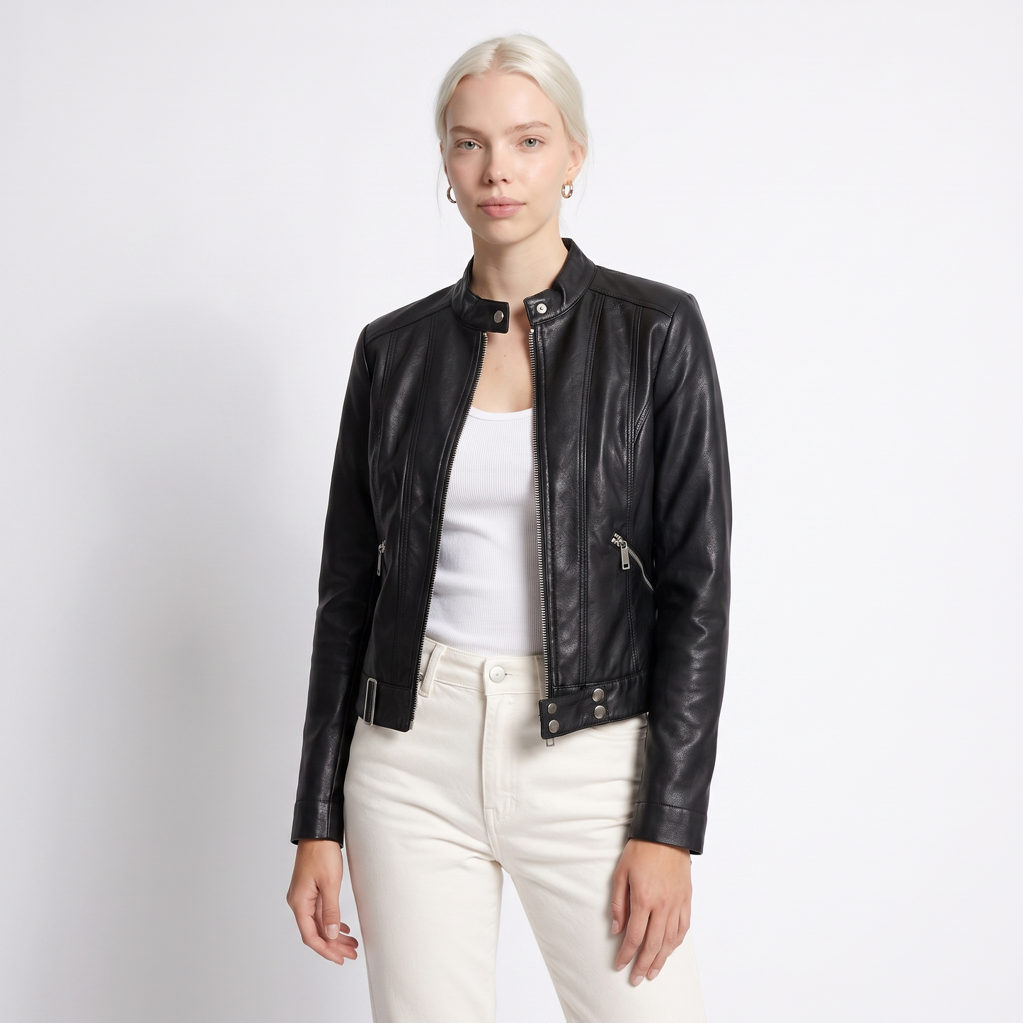 Sunoire womens classic leather jacket with zip pockets colorway black front crop 01