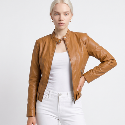 Sunoire womens classic leather jacket with zip pockets colorway light brown front crop 01