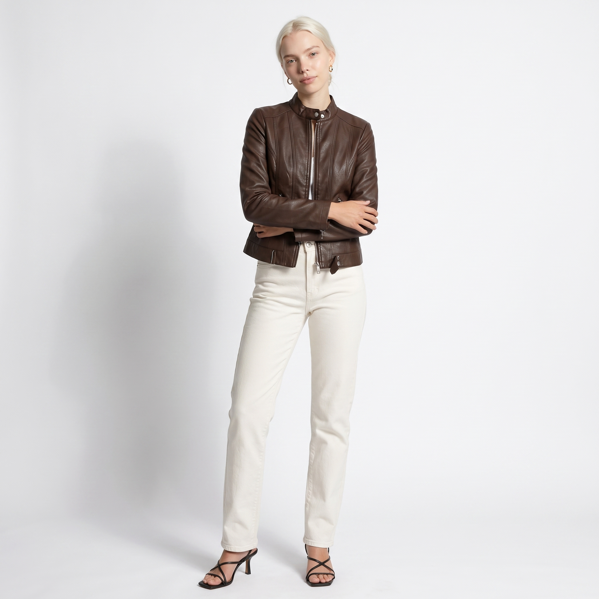 Sunoire womens classic leather jacket with zip pockets front hero 01