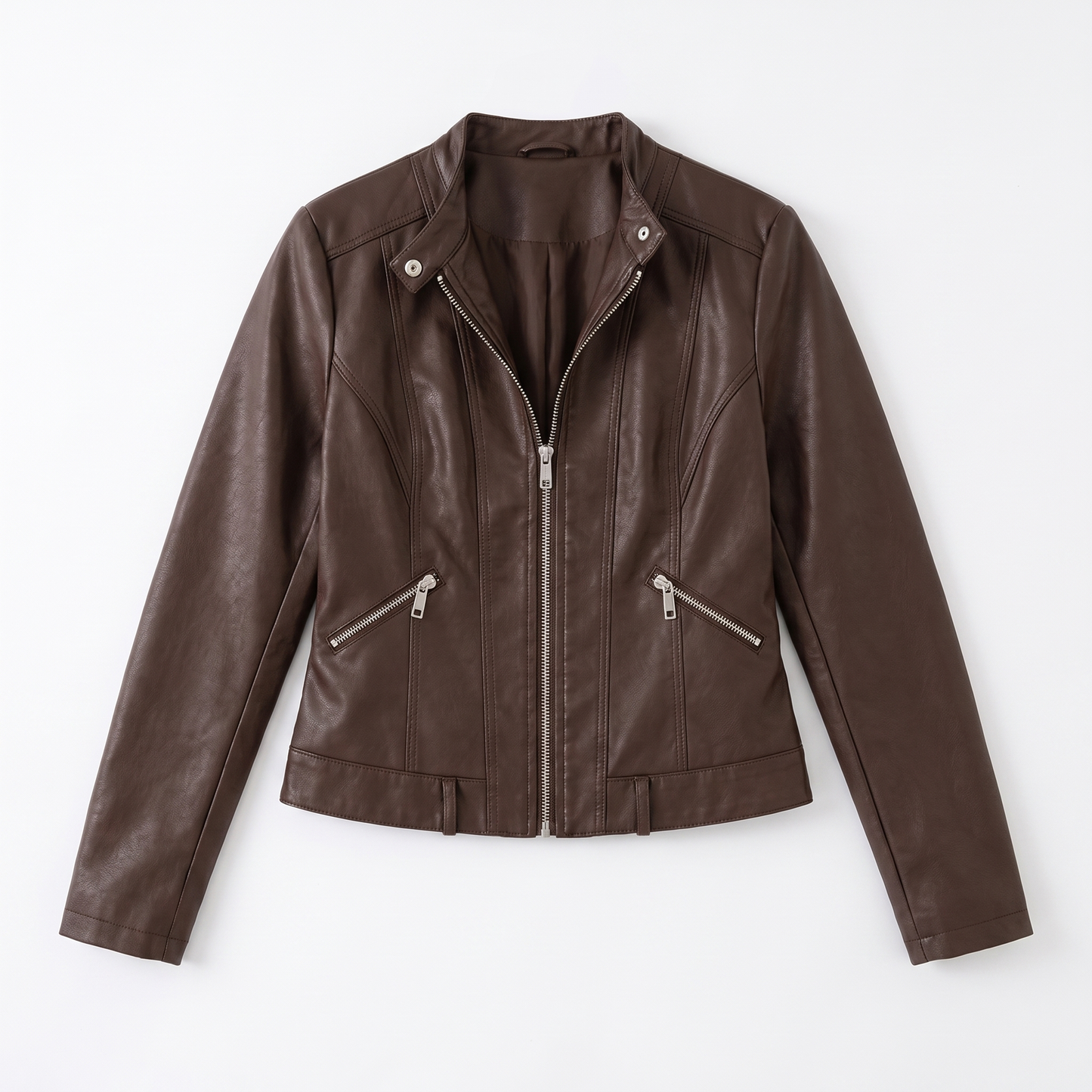 Sunoire womens classic leather jacket with zip pockets garment flatlay 01