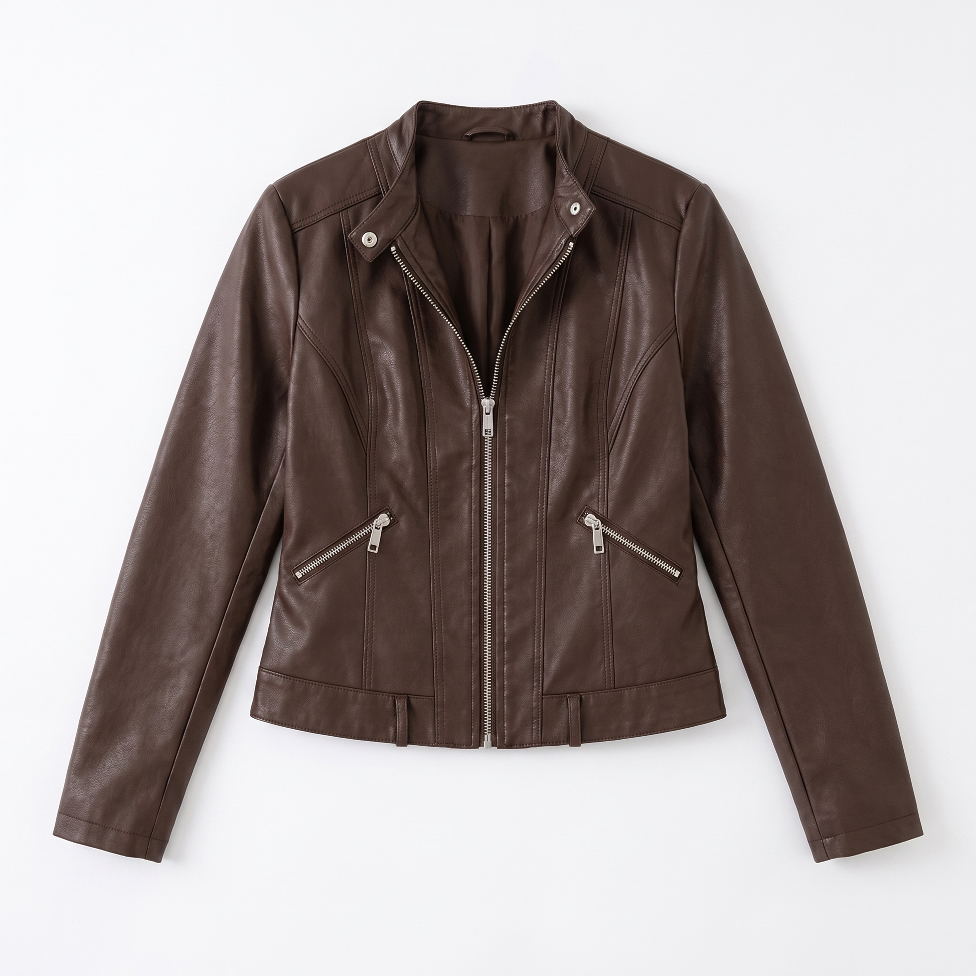 Sunoire womens classic leather jacket with zip pockets garment flatlay 01