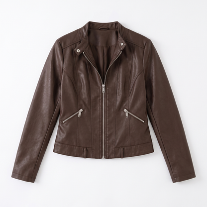 Sunoire womens classic leather jacket with zip pockets garment flatlay 01