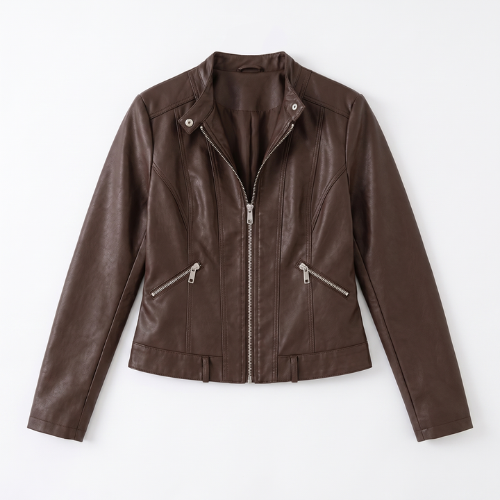 Sunoire womens classic leather jacket with zip pockets garment flatlay 01