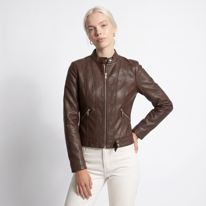 Sunoire womens classic leather jacket with zip pockets top back crop 01