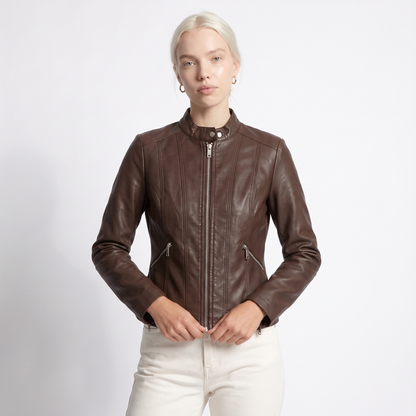Sunoire womens classic leather jacket with zip pockets top front crop 01