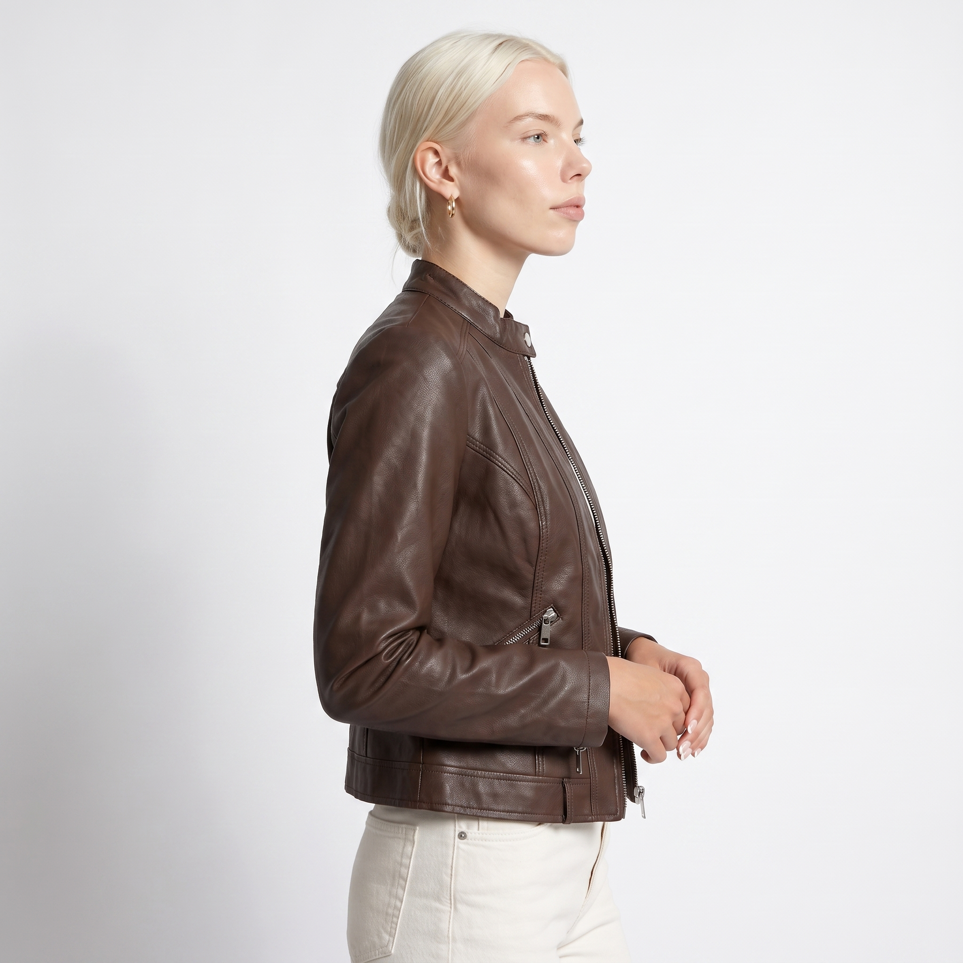 Sunoire womens classic leather jacket with zip pockets top side crop 01