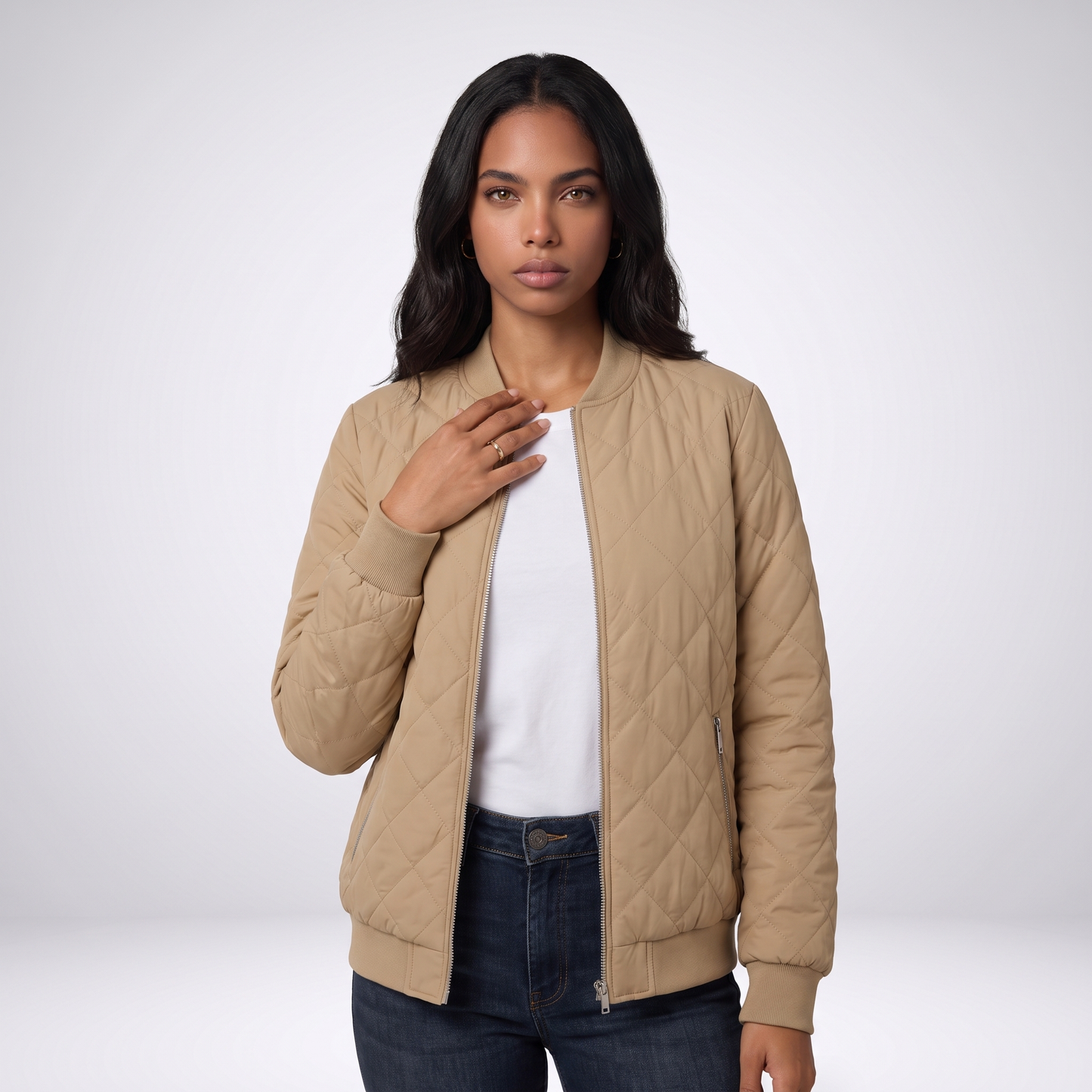 Sunoire womens classic quilted bomber jacket with pockets colorway beige front crop 01