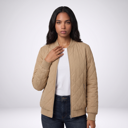 Sunoire womens classic quilted bomber jacket with pockets colorway beige front crop 01