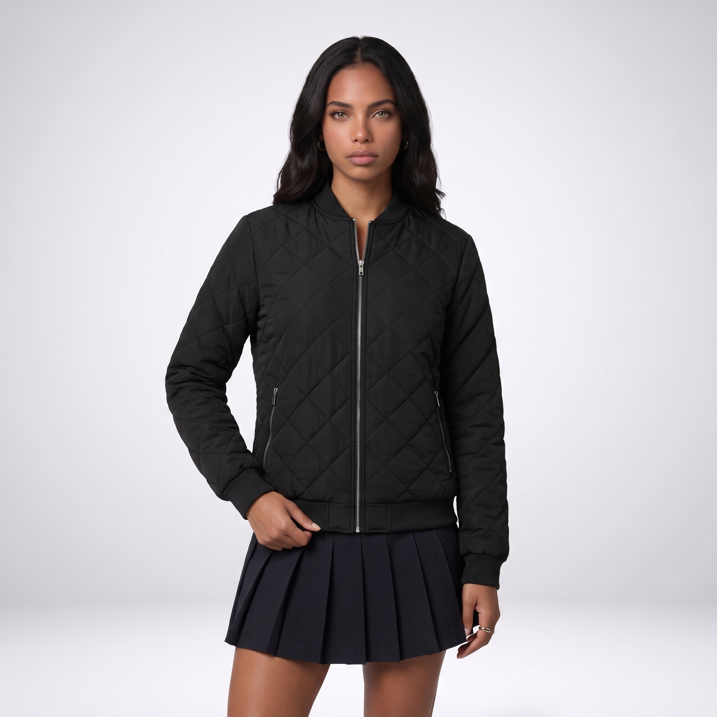 Sunoire womens classic quilted bomber jacket with pockets colorway black front crop 01