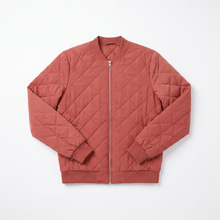 Sunoire womens classic quilted bomber jacket with pockets garment flatlay 01