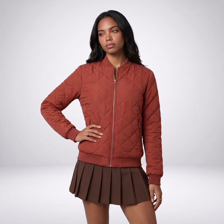 Sunoire womens classic quilted bomber jacket with pockets top back crop 01