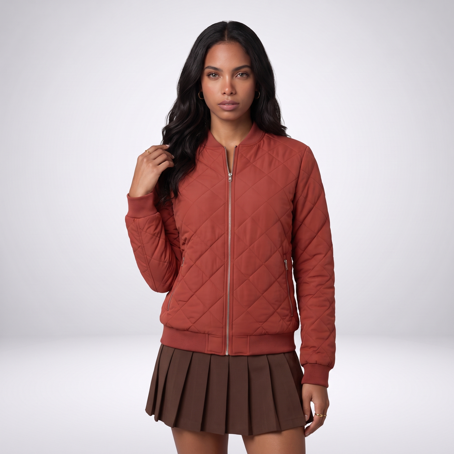 Sunoire womens classic quilted bomber jacket with pockets top front crop 01