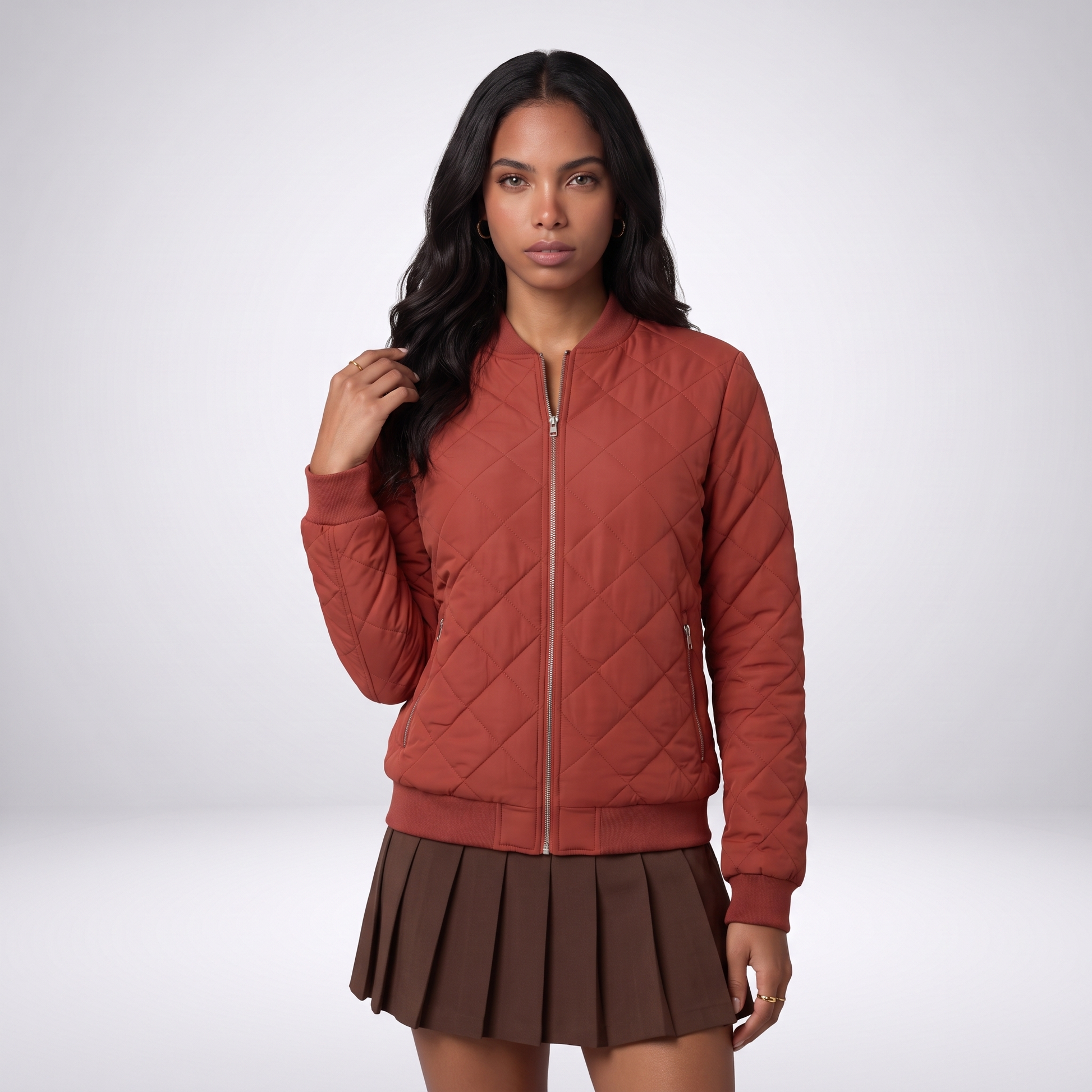 Sunoire womens classic quilted bomber jacket with pockets top front crop 01