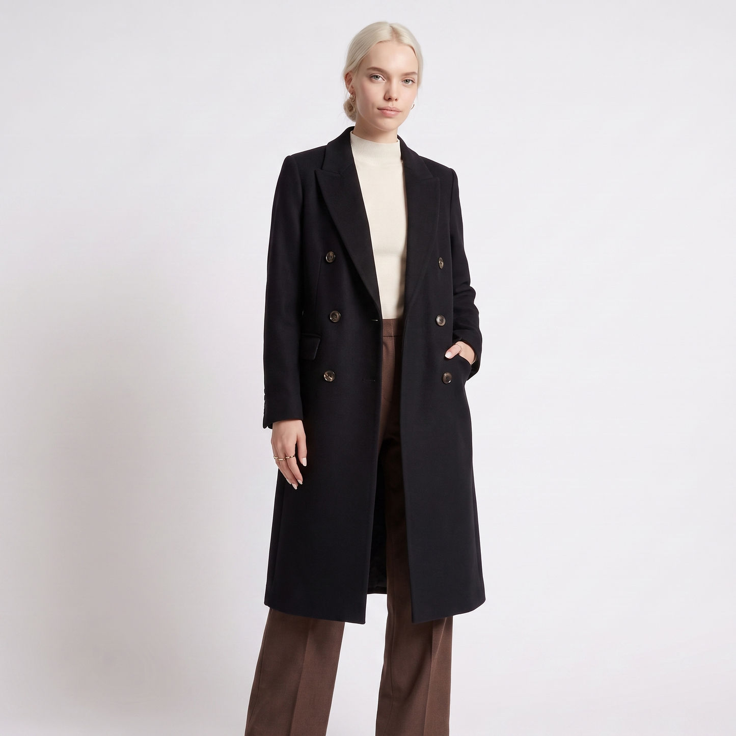 Sunoire womens coat with lapel collar and button fastening colorway black front crop 01