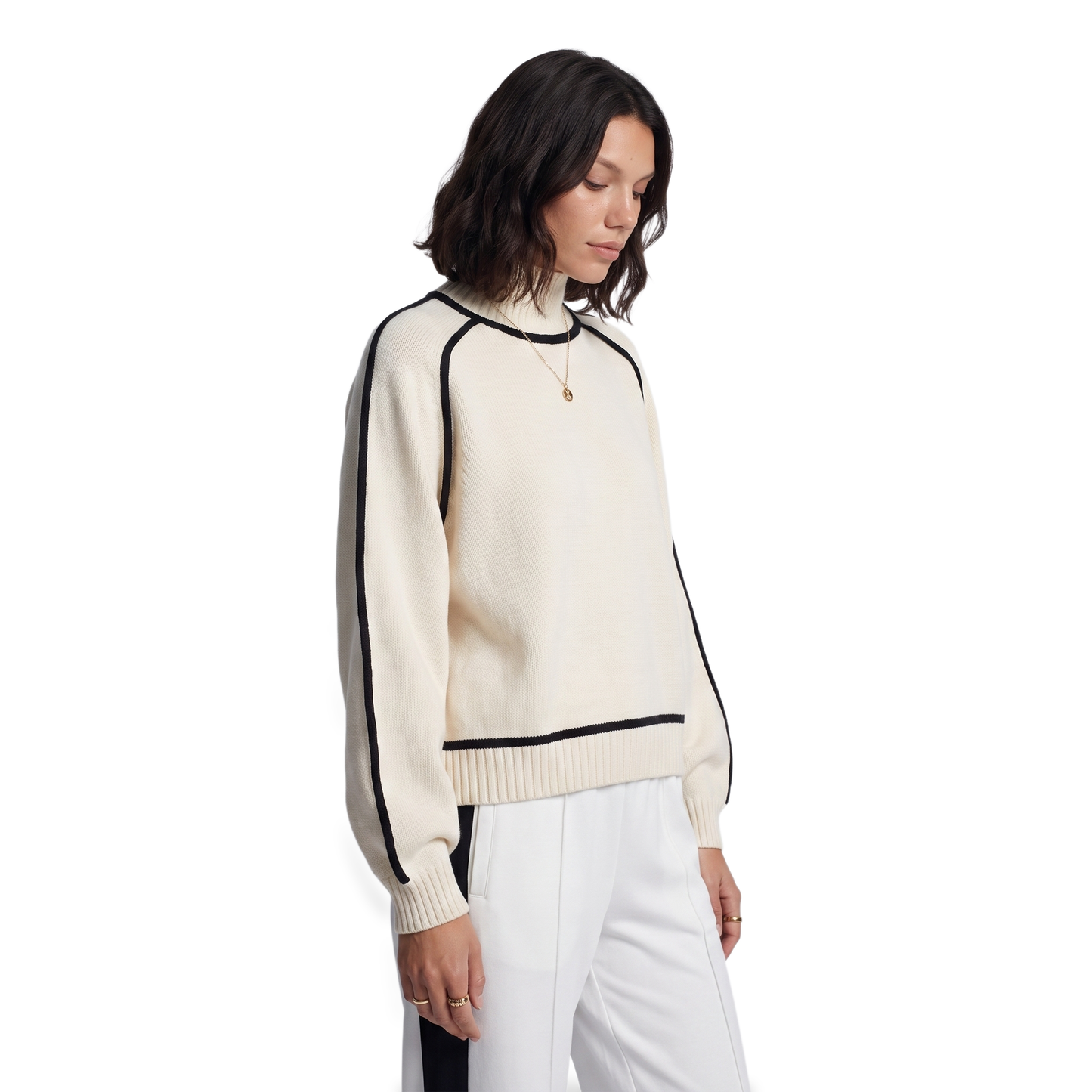 Sunoire Contrast Trim Turtleneck Knit Top top crop 3q