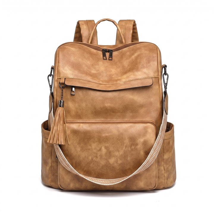 Women's Convertible Faux Leather Backpack, Cognac Work Backpack Purse — Camel