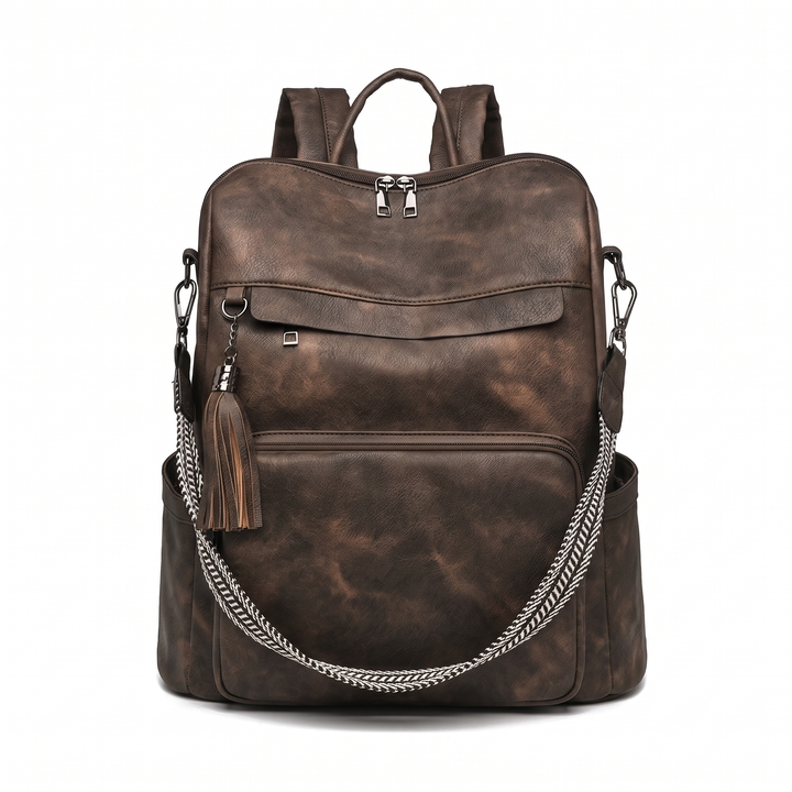 Women's Convertible Faux Leather Backpack, Cognac Work Backpack Purse — Dark Brown