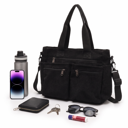 Women's Corduroy Multi-Pocket Tote Bag, what fits inside