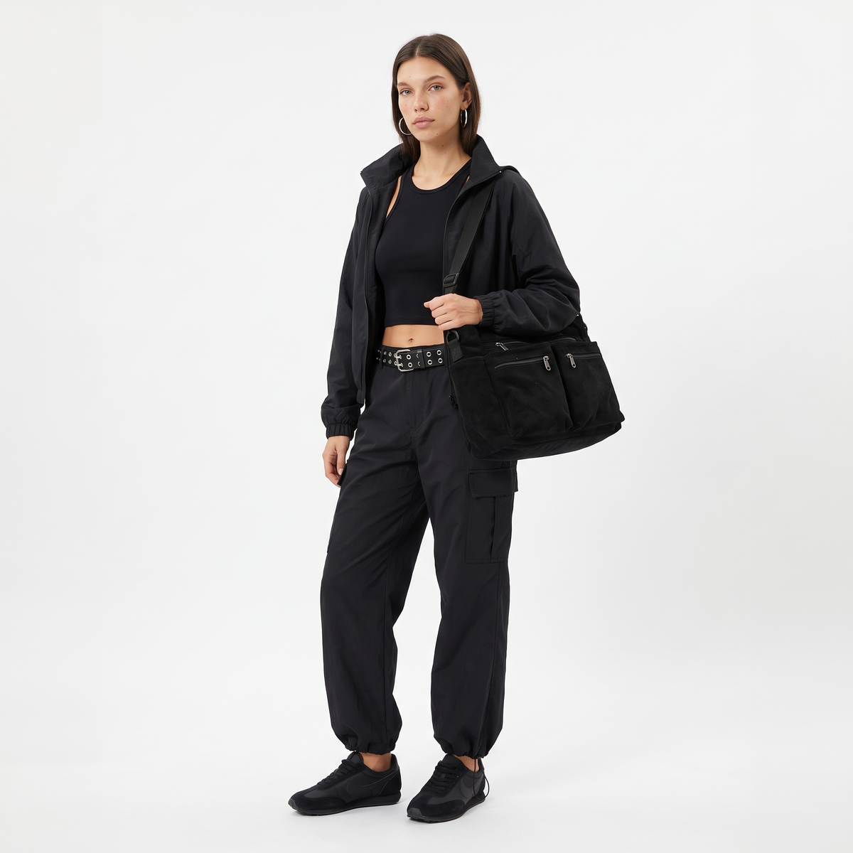 Women's Corduroy Multi-Pocket Tote Bag, worn by a model