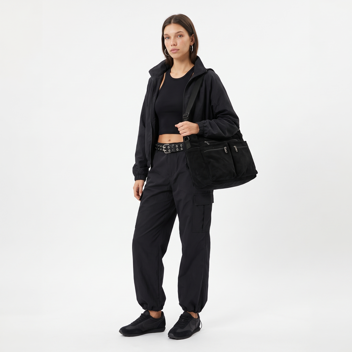Women's Corduroy Multi-Pocket Tote Bag, worn by a model