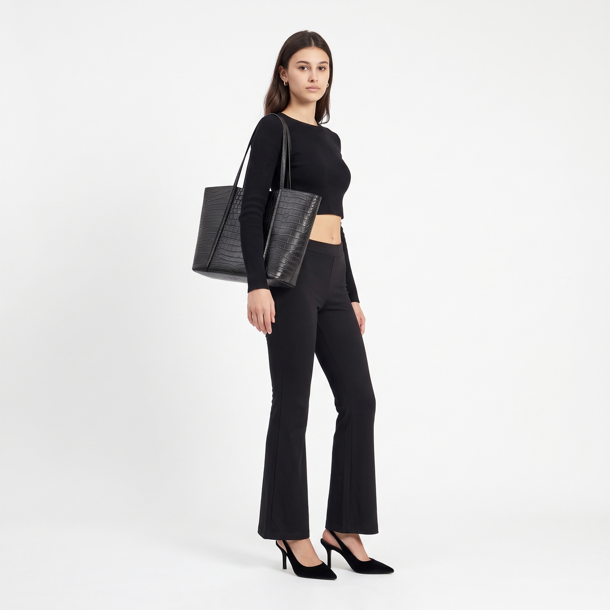 Women's Croc Embossed Faux Leather Tote Bag, worn by a model