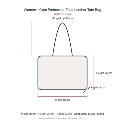 Women's Croc Embossed Faux Leather Tote Bag, dimensions