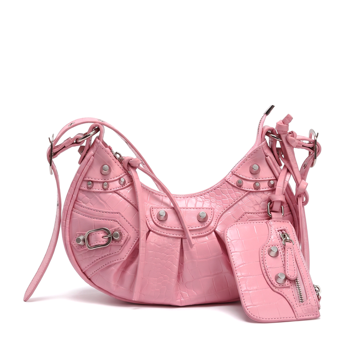Women's Croc Embossed Studded Crescent Shoulder Bag, front view