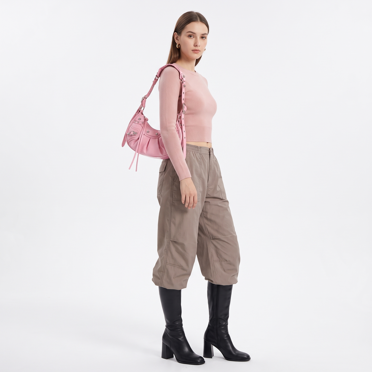 Women's Croc Embossed Studded Crescent Shoulder Bag, worn by a model