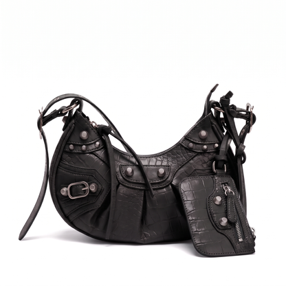 Women's Croc Embossed Studded Crescent Shoulder Bag in Black