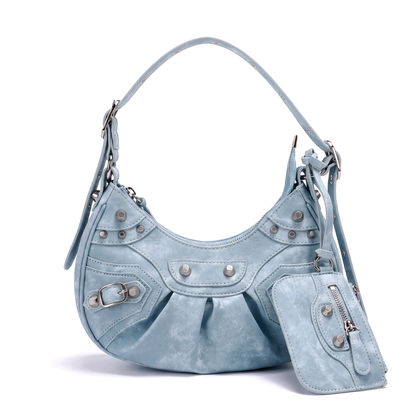 Women's Croc Embossed Studded Crescent Shoulder Bag in Light Blue