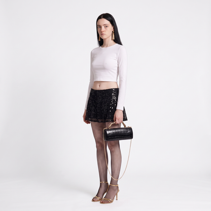 Women's Croc Faux Leather Box Clutch, worn by a model