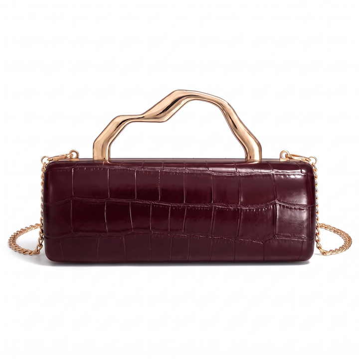 Women's Croc Faux Leather Box Clutch, Black Gold Wave Handle Evening Bag — Burgundy