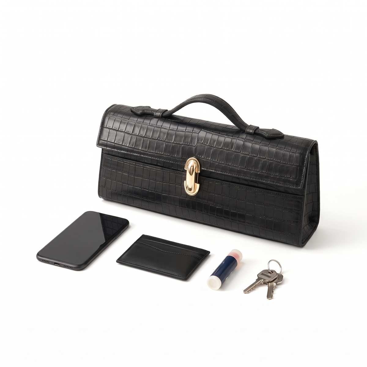 Women's Croc Faux Leather Top Handle Clutch, what fits inside